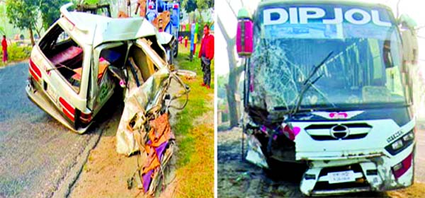 A passenger bus at Taraganj upazila of Rangpur collided head on with an ambulance leaving three killed including a woman on Wednesday.