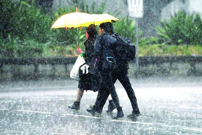 Pedestrians hold umbrellas as they walk in heavy rain in Sydney's CBD, Australia on Friday.