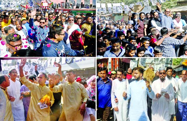 AL mayoral candidates for DSCC and DNCC Skeikh Fazle Noor Taposh and Atiqul Islam are seen busy in electioneering in the city's Phulbaria Bus Stand and Gabtoli areas on Friday, while BNP mayoral candidates Tabith Awal and Ishraque Hossain campaigning at