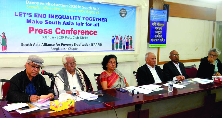 Prof MM Akash speaking at a press conference oranised by South Asia Alliance for Poverty Eradication at the Jatiya Press Club on Saturday with a call to make South Asia fair for all.