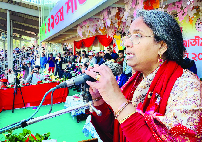 CUMILLA: Education Minister Dr Dipu Moni MP addressing at the inaugural programme of the 49th National Winter Sports Competition as Chief Guest at Shaheed Dhirendronath Dutt Stadium in Cumilla as Chief Guest on Friday.