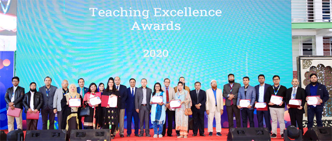 Dr Md. Sabur Khan along with the award and certificate winners of Daffodil Family Day is seen at the Daffodil Family Day held at Daffodil International University, Ashulia in the city on Friday.