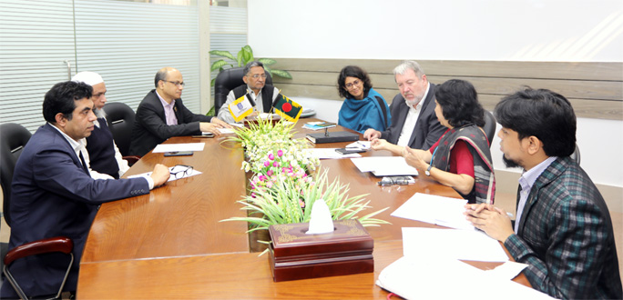 Prof Dr Kazi Shahidullah, Chairman, University Grants Commission exchanging views with a 3-member delegation of UNICEF at UGC on Sunday.