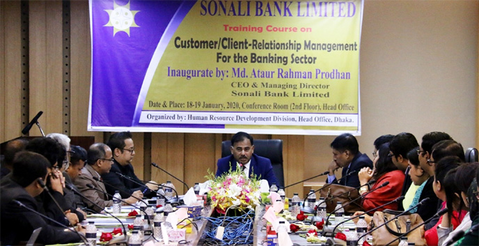 Md. Ataur Rahman Prodhan, CEO of Sonali Bank Limited, presiding over its CustomerClient-Relationship Management Course at the banks head office in the city on Saturday. Senior officials of the bank, were also present.