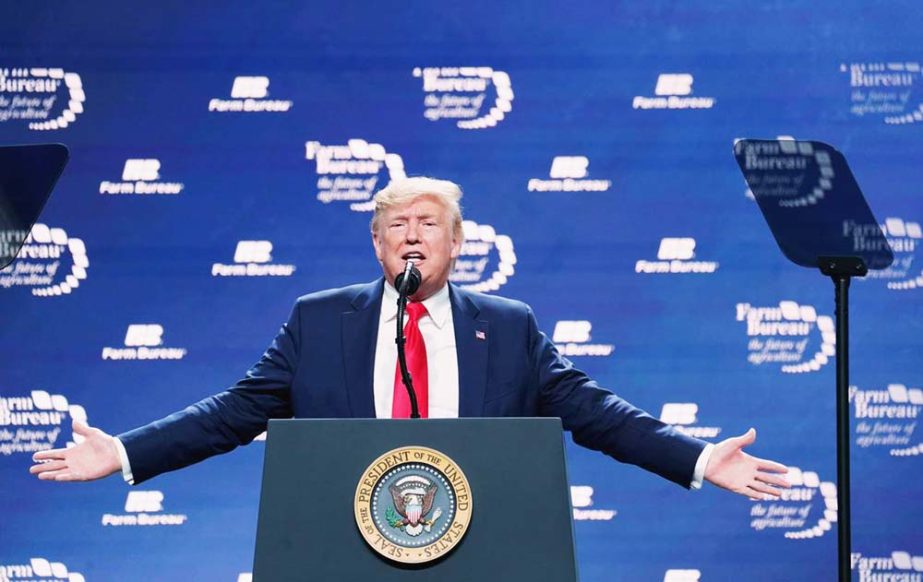 US President Donald Trump gestures as he gives a speech at the American Farm Bureau Federation's Annual Convention and Trade Show in Austin, Texas on Sunday. AP file photo