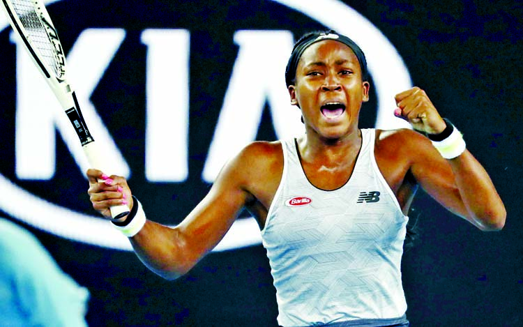 United States' Cori "Coco" Gauff reacts during her first round singles match against compatriot Venus Williams at the Australian Open tennis championship in Melbourne, Australia on Monday.