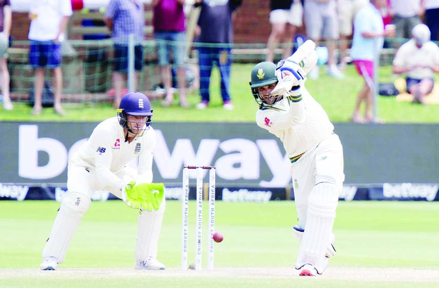 Keshav Maharaj of South Africa plays a shot during day five of the third cricket Test between South Africa and England in Port Elizabeth, South Africa on Monday.