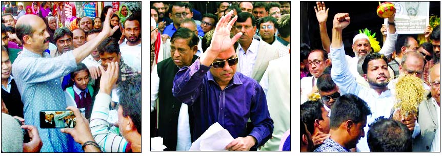 AL mayoral candidates for DNCC and DSCC Atiqul Islam and Skeikh Fazle Noor Taposh are seen busy in electioneering in the city's North Badda and old Dhaka, while BNP mayoral candidate for DSCC Ishraque Hossain in his campaign in Demra on Tuesday.