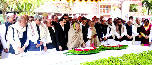 Awami League President and Prime Minister Sheikh Hasina along with the newly-elected members of AL Central Working Committee and Advisory Council paid homage to Father of the Nation Bangabandhu Sheikh Mujibur Rahman by placing wreaths at the mazar of lat