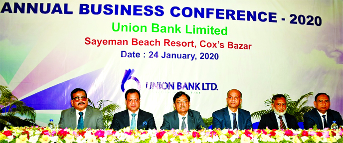 Omar Farooque, Managing Director of Union Bank Limited, presiding over its Annual Business Conference-2020 at a resort in Cox'sbazar on Friday. S M Aminur Rahman, Adviser, Syed Abdullah Mohammed Saleh, Consultant, ABM Mokammel Hoque Chowdhury, AMD, Hasa