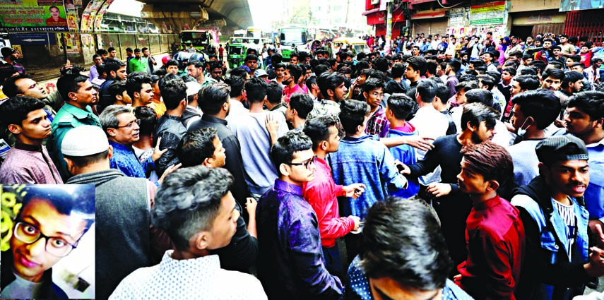 Locals blocked a road in city's Wari area on Monday afternoon after an SSC examinee (Inset Abir Hossain) run over by a water carrying lorry of WASA.