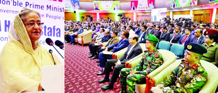 Prime Minister Sheikh Hasina addressing the inaugural ceremony of Bangladesh Development Forum (BDF) -2020 at Bangabandhu International Conference Center in the city on Wednesday. BSS photo