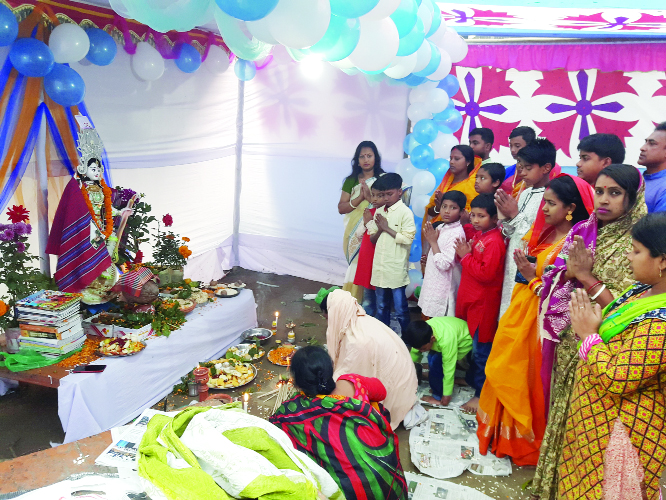 SIRAJDIKHAN (Munshiganj): The people of Hindu community performing puja at a mandap in Sirajdikhan Upazila marking the Saraswati Puja on Thursday.