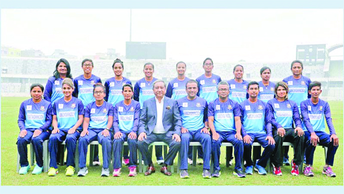 Members of Bangladesh Women's Cricket team with President of Bangladesh Cricket Board (BCB) Nazmul Hassan Papon pose for a photo session at the Sher-e-Bangla National Cricket Stadium in the city's Mirpur on Thursday.