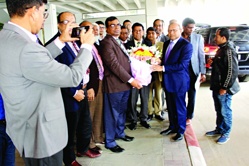 LGRD and Cooperative Minister Md Tajul Islam MP being greeted by LGED Chief Engineer Susankar Chandra Acharcya after review meeting of development projects at LGED Headquarters, Agargaon in the city yesterday .