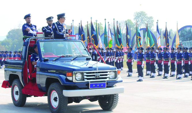 CHARGHAT (Rajshahi): Inspector General of Police (IGP) Dr Mohammad Jabed Patwari taking salute at the concluding march of the 5th Cadet Sub-Inspector Batch at the Bangladesh Police Academy (BPA) at Sarda on Sunday.