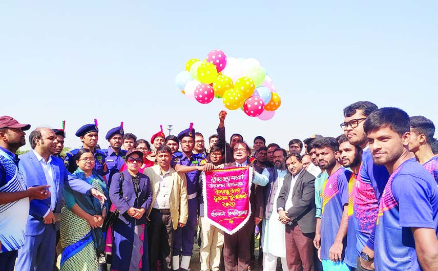 Vice-Chancellor of Barishal University Professor Dr. Md. Sadequl Arefin inaugurating the Bangabandhu Cup Football Tournament 2020 by releasing balloons as the chief guest at the Central Playground of BU on Monday.