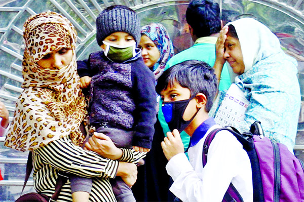 Masks being used by the school children to protect themselves from infection of coronavirus. This photo was taken from in front of Udayan School on Thursday.