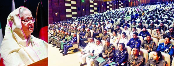 Prime Minister Sheikh Hasina addressing the graduation ceremony of Defence Services Command and Staff College (DSCSC) at Sheikh Hasina Complex of Mirpur Cantonment on Sunday. Photo : BSS