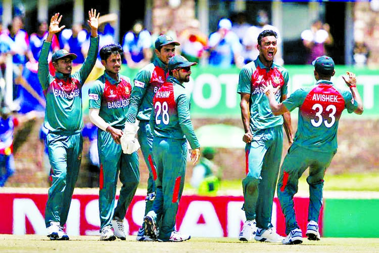Bangladesh Under-19 Cricket team's Shoriful Islam (second from right) celebrates with teammates after the dismissal of Indian team's Siddhesh Veer during the ICC Under-19 World Cup cricket final between Bangladesh team and their counterpart Indian team