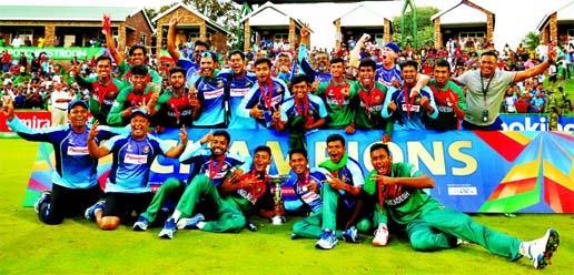 Bangladeshi cricketers pose for a group photograph after winning the ICC Under-19 World Cup. Agency photo