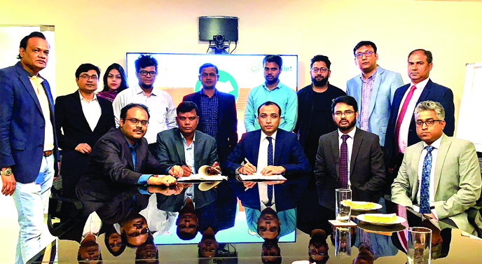 Md Alauddin Khan, GM Finance of Apex Footwear Limited and Gazi Yar Mohammed, Head of MFS & Agent Banking Division of One Bank Limited, signing an agreement at the bank's head office in the city recently. Under the deal, users of OK-Wallet-the mobile fina