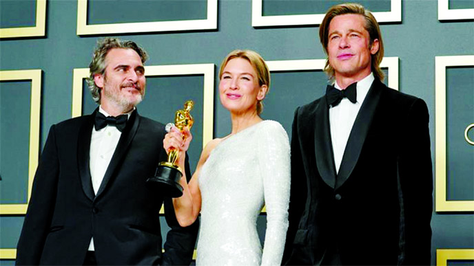 Best Actor Joaquin Phoenix, Best Actress RenÃ©e Zellweger and Best Supporting Actor Brad Pitt at the 92nd Annual Academy Awards in Hollywood, California