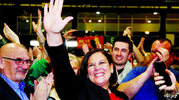 Sinn Fein leader Mary Lou McDonald reacts after the announcement of voting results in a count centre, during Ireland's national election in Dublin.