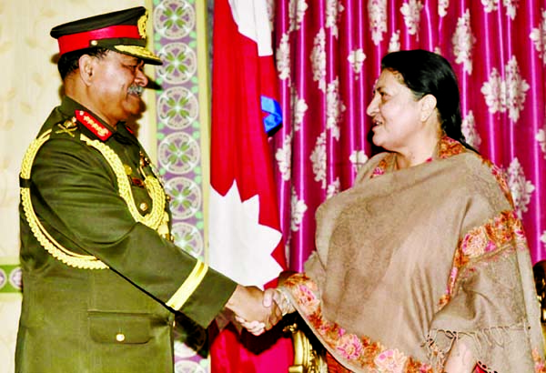 Visiting Army Chief of Bangladesh in Nepal General Aziz Ahmed paid a courtesy call on Nepalese President Bidhya Devi Bhandari on Monday. ISPR photo