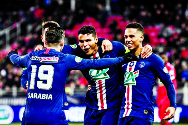 Paris Saint-Germain's Brazilian defender Thiago Silva (second from right) celebrates after scoring a goal during the French Cup quarter final football match between Dijon and Paris Saint-Germain (PSG) at the Gaston Gerard stadium in Dijon of France on We