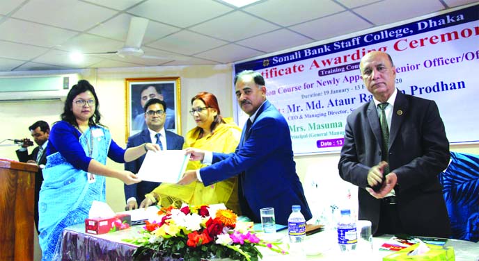 Md Ataur Rahman Prodhan, Managing Director of Sonali Bank Ltd, distributing certificates among the trainees at a concluding ceremony of four-week long "Foundation Course for Newly Appointed Senior Officers " at Sonali Bank Staff College in the capital o