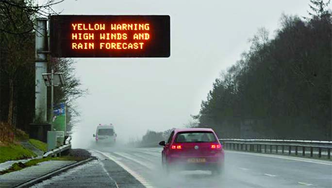 A traffic warning sign is seen on the A9 near Dunblane, Scotland, Britain on Saturday.