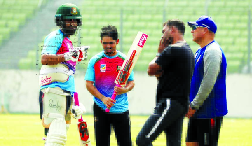 Members of Bangladesh Cricket team during their practice session at the Sher-e-Bangla National Cricket Stadium in the city's Mirpur on Saturday.