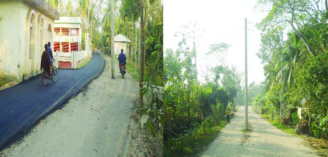 BANARIPARA(Barishal): Construction work of Shialkati - Bishalkandi Road is going on despite having electricity pilar in the middle of the road. This snap was taken yesterday.