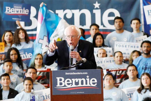 Democratic U.S. presidential candidate Senator Bernie Sanders speaks during a campaign rally in Las Vegas, Nevada, U.S. on Saturday.