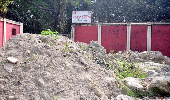 The main gate of Bangladesh Television, Chattogram Centre has turned useless as Soils placed in the entrance of centre for a long time. This picture was taken yesterday.