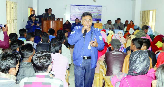 FULBARI(Dinajpur): Mia Mohammad Ashish Bin- Hasan, Additional Police Super , Fulbaria Circle speaking at an awareness building meeting at Shaheed Smriti Adarsha College as Chief Guest yesterday.