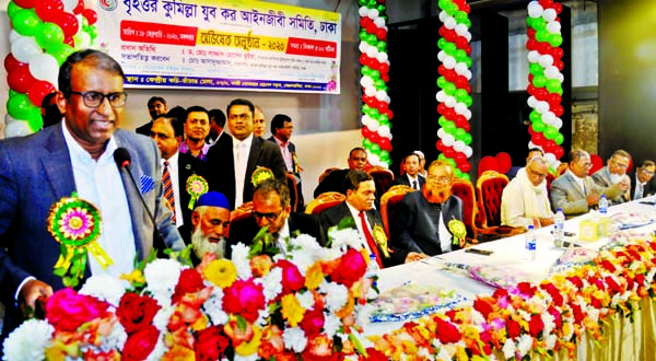 Member of Taxes Appellate Tribunal Duel Bench-5, Dhaka Dr Sazzad Hossain Bhuiyan speaking at the orientation ceremony of Greater Cumilla Youth Taxex Lawyers Association in the auditorium of Central Kachi Kanchar Mela in the city on Wednesday.