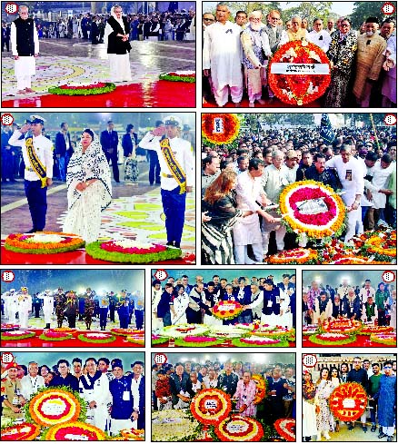(1) President Md. Abdul Hamid and Prime Minister Sheikh Hasina stand in solemn silence after paying homage to language martyrs placing wreaths at the Central Shaheed Minar on the early hours of Friday marking Amar Ekushey and also International Mother Lan