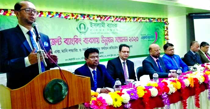 Mohammed Monirul Moula, AMD of Islami Bank Bangladesh Limited, speaking at the 'Agent Banking Business Development Conference and workshop on Prevention of Money Laundering and Terrorist Financing' organised by Khulna Zone at a local hall of the city on