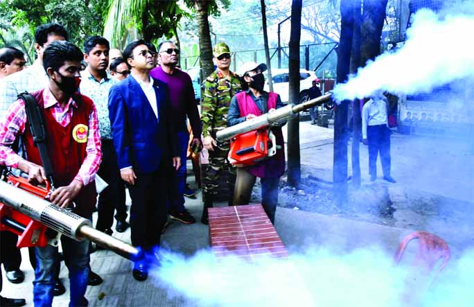 Mohammad Sayeed Khokon, Mayor of Dhaka South City Corporation formally opening the crash programme to eliminate Aedes Mosquitoes in city's Kalabagan area on Tuesday.