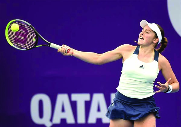 Jelena Ostapenko of Latvia hits a return during the women's singles second round match against Barbora Strycova of the Czech Republic at the 2020 WTA Qatar Open in Doha, Qatar on Tuesday.