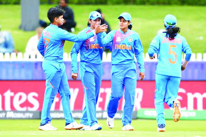 Players of India women's cricket team, celebrating after dismissal of a wicket of New Zealand women's cricket team in their match of the ICC Women's T20 World Cup in Australia on Thursday.