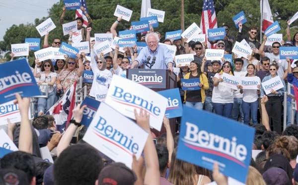 Democratic presidential hopeful Vermont Senator Bernie Sanders speaks during a rally at Valley High School in Santa Ana, California.