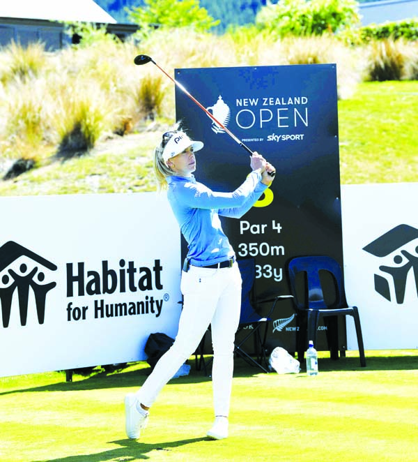 Sweden's Pernilla Lindberg watches her tee shot on the eighth hole during the opening round of the New Zealand Golf Open in Queenstown, New Zealand on Thursday.