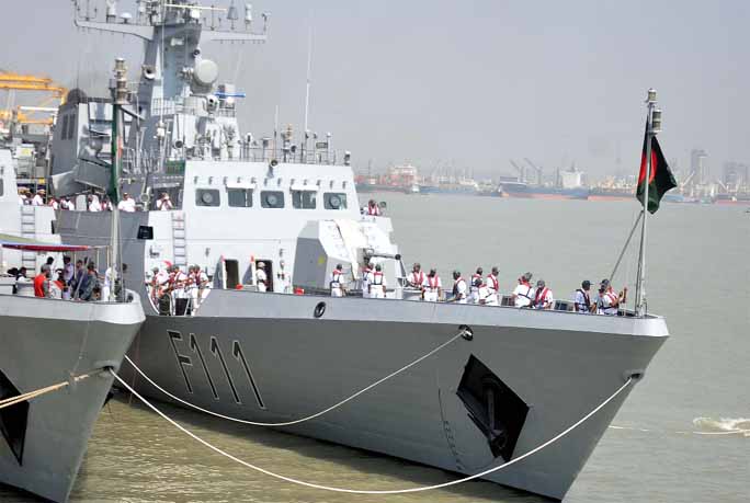 Navy ship Swdhinata left for Qatar to take part international exercise . This picture was taken from Chattogram a Naval base yesterday .