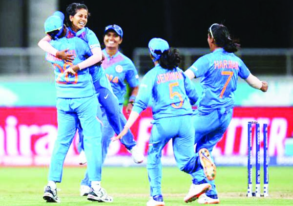 Players of India women's cricket team celebrate after dismissal of a wicket of Sri Lanka women's cricket team in their match of the ICC Women's T20 World Cup in Australia on Saturday.