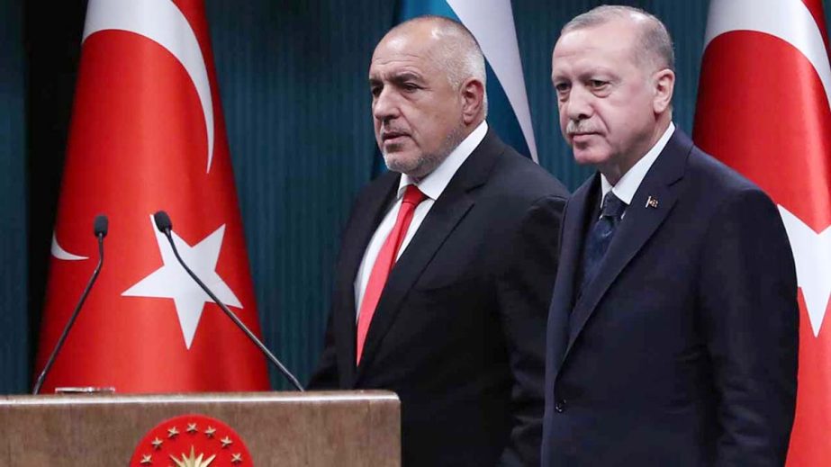 President of Turkey Recep Tayyip Erdogan and Prime Minister of Bulgaria Boyko Borisov arrive to a joint press conference following an inter-delegation meeting in Ankara on Monday.