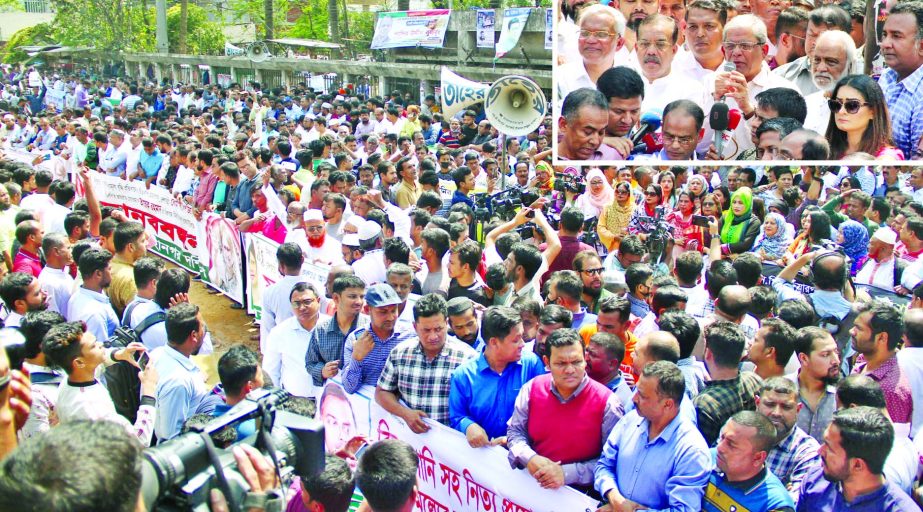 BNP Secretary General Mirza Fakhrul Islam Alamgir speaking at a human chain in front of the Jatiya Press Club on Tuesday protesting increase of water and power tariff.