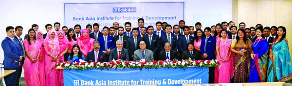A Rouf Chowdhury, Chairman of Bank Asia Ltd, poses for a photo session after awarding certificates among 46 officers from different levels in the concluding ceremony of the 53rd Foundation Training Course at Bank Asia Institute for Training & Development